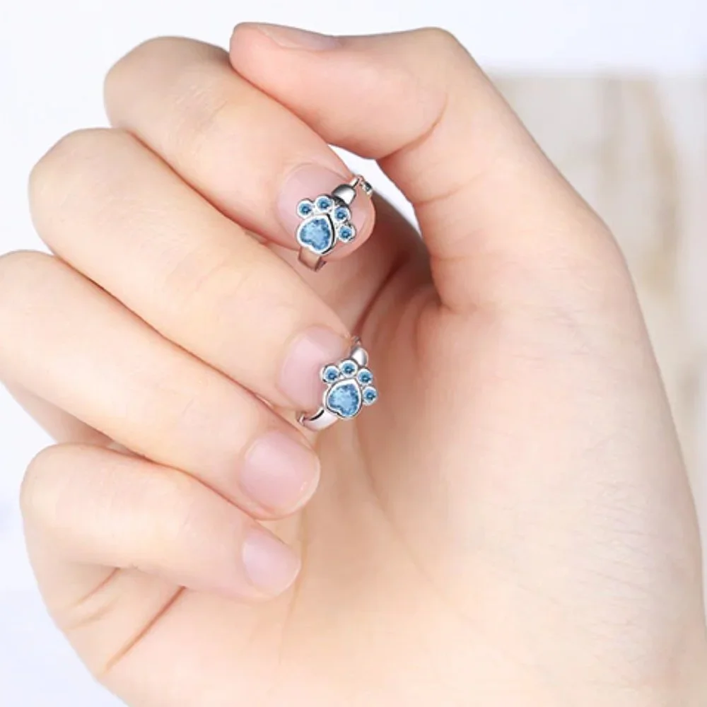 NEW Silver Blue Cute Cat Paw Hoop Earrings - Picture 2 of 7